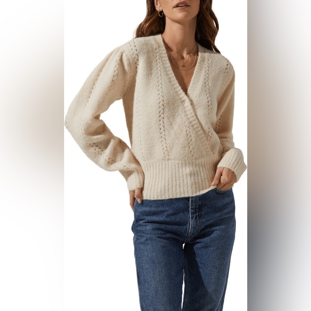 ASTR The Label Wrap Front Pointelle Ivory Sweater Ecru Wool Blend-Size Large